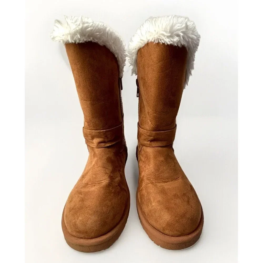 Girls Magellan Brown Faux Suede Fur Sherpa Boots Sparkle‎ Youth 2 Bow Binge EUC